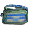 Small duffle bag recycled from waste plastic bags - blue & green stripes with green border