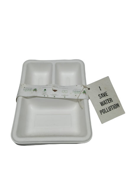 Biodegradable Compostable Sugarcane Bagasse Rectangle Plate with 3 compartments 9"x7"x2"(Set of 25)