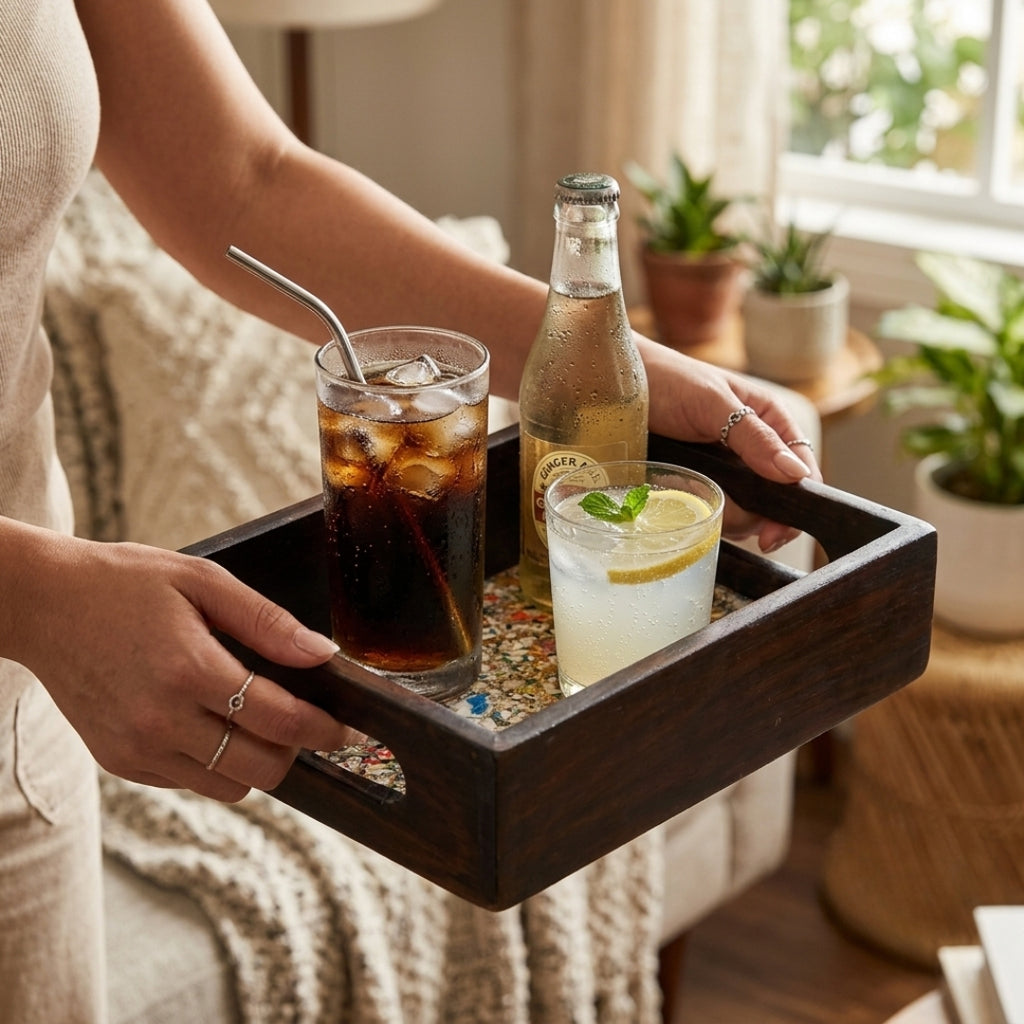 Recycled | Chipboard Serving Tray | Small | 1 Pc | 2 Handle Colours to Choose | Black & Brown