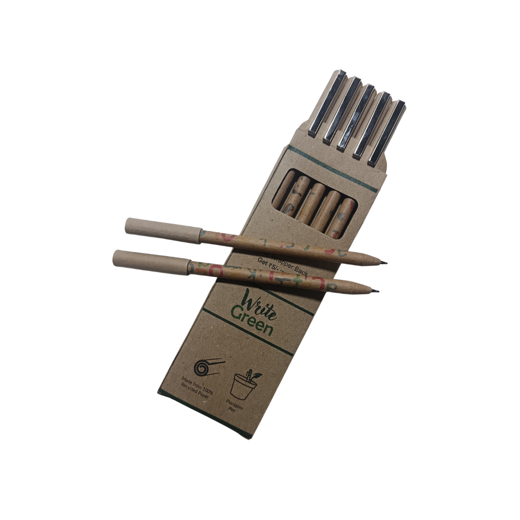 Write Green | Recycled Unbleached Brown Printed Paper Pen | Paper Grip | Metal Holder Cap | Pocket Use Friendly | Pack of 5