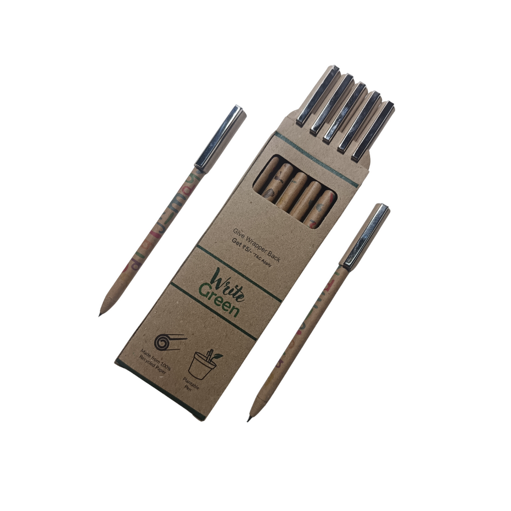 Write Green | Recycled Unbleached Brown Printed Paper Pen | Paper Grip | Metal Holder Cap | Pocket Use Friendly | Pack of 5