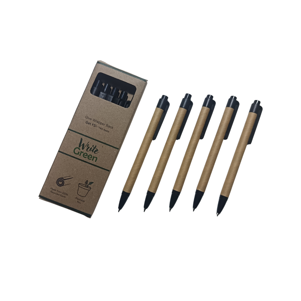 Write Green | Recycled Brown Paper Pen | Push Clip | Reusable | Pack of 5