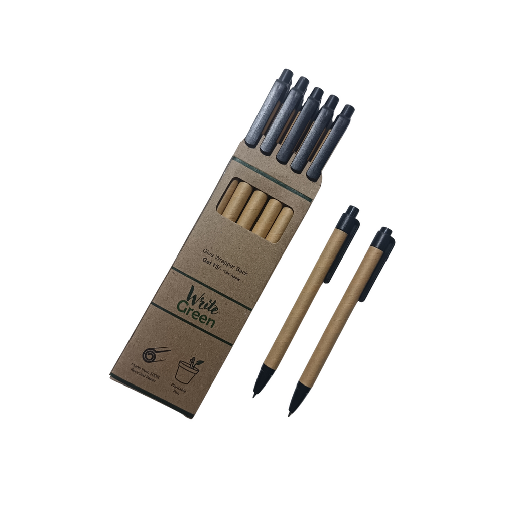 Write Green | Recycled Brown Paper Pen | Push Clip | Reusable | Pack of 5