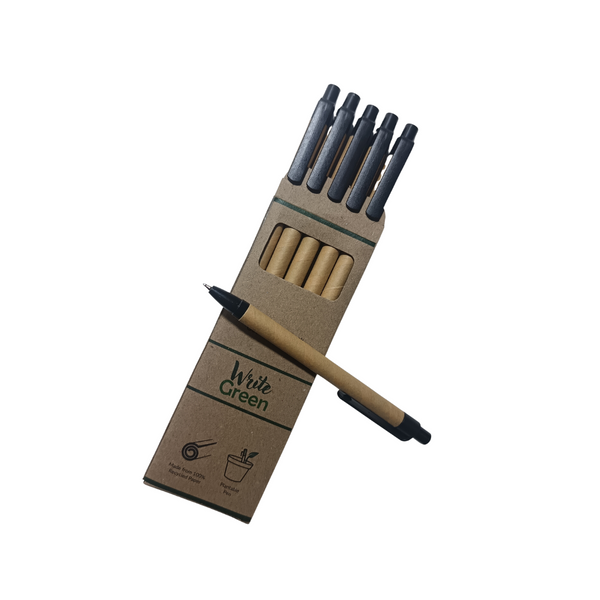 Write Green | Recycled Brown Paper Pen | Push Clip | Reusable | Pack of 5