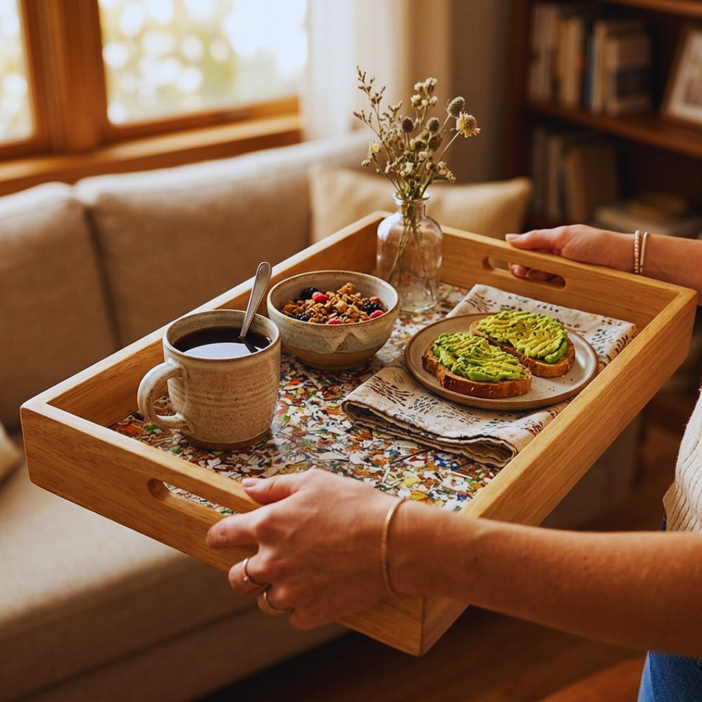 Recycled | Chipboard Serving Tray | Large | 2 Handle Colour Options | Black & Brown