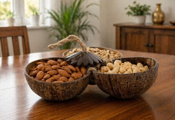 Recycled | Coconut Shell Round Shape Bowl | Set of 3 PCs | Hanging Thread