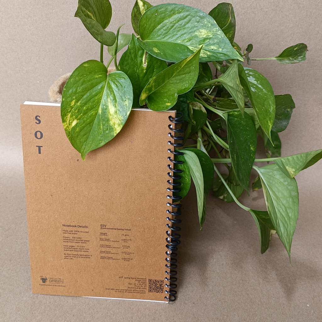 SOT Notebook Diary Spiral A5 size made out of Recycled Paper single line 100 pages- Recycle.Green brand