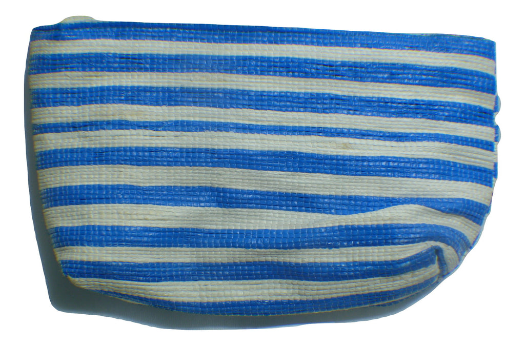 Purse recycled from waste plastic bags - blue and white stripes