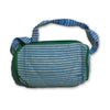 Small duffle bag recycled from waste plastic bags - blue & white stripes with green border