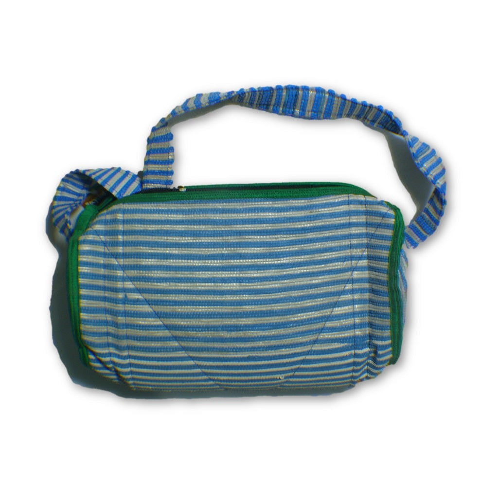 Small duffle bag recycled from waste plastic bags - blue & white stripes with green border