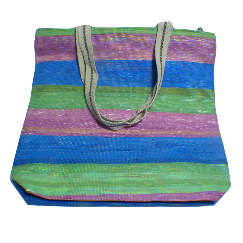 Medium Carry Bag recycled from waste plastic bags green pink blue stripes