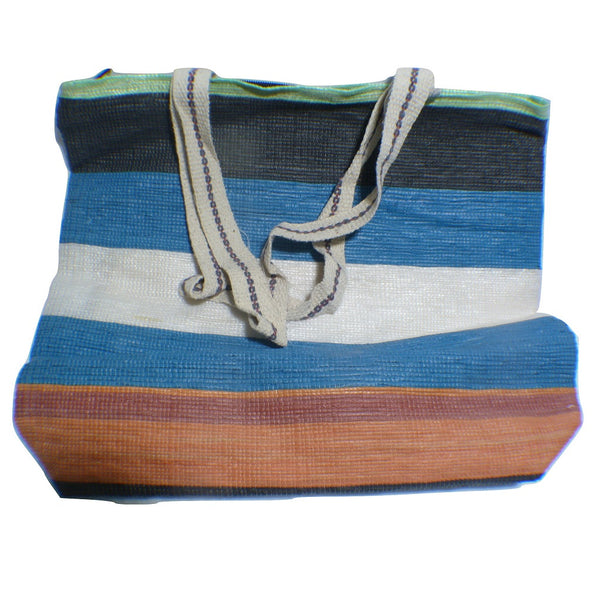 Medium Carry Bag Type 2 recycled  from waste plastic bags - black blue orange white stripes