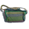 Small duffle bag recycled from waste plastic bags - multicolour stripes with green border