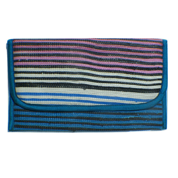 Clutch type purse recycled from waste plastic bags - multicolor stripes pink white  black blue
