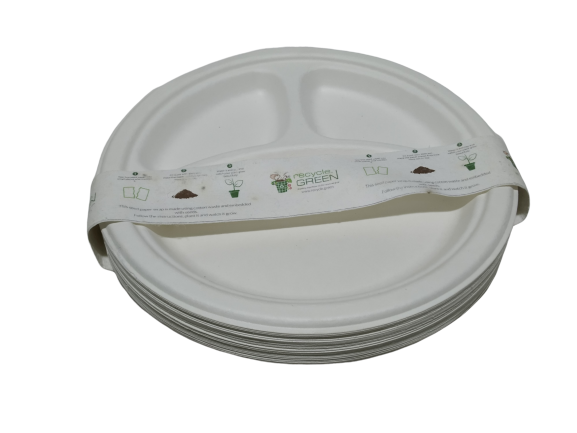 Biodegradable Compostable Sugarcane Bagasse Round Plate with 3 compartments 9 inch  (Set of 25)