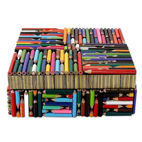 Amazing colourful rectangular box made up of waste colour pencils from garbage