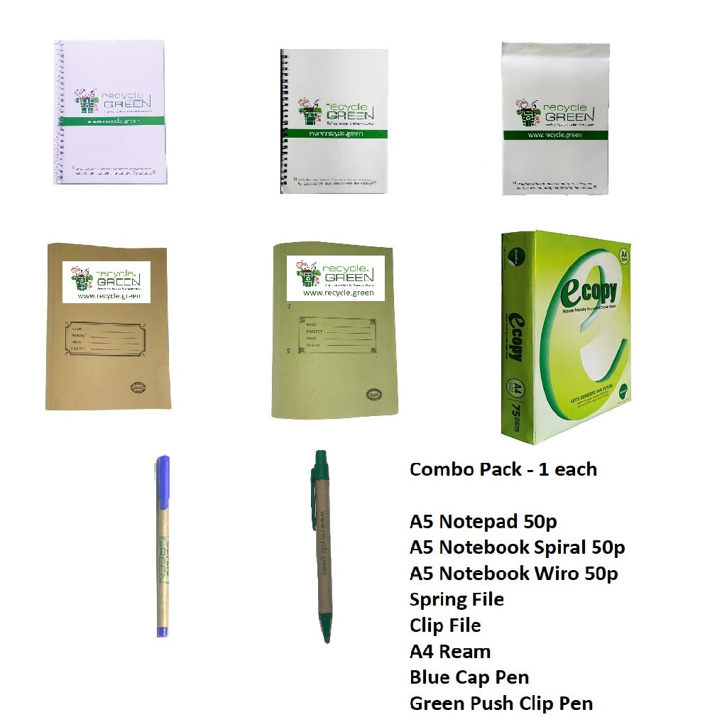 Combo 5 - Notepad 50p + Spiral 50p + Wiro 50p + Clip File + Spring File + Recycled Blue Pen + Recycled Green Pen + A4 Ream
