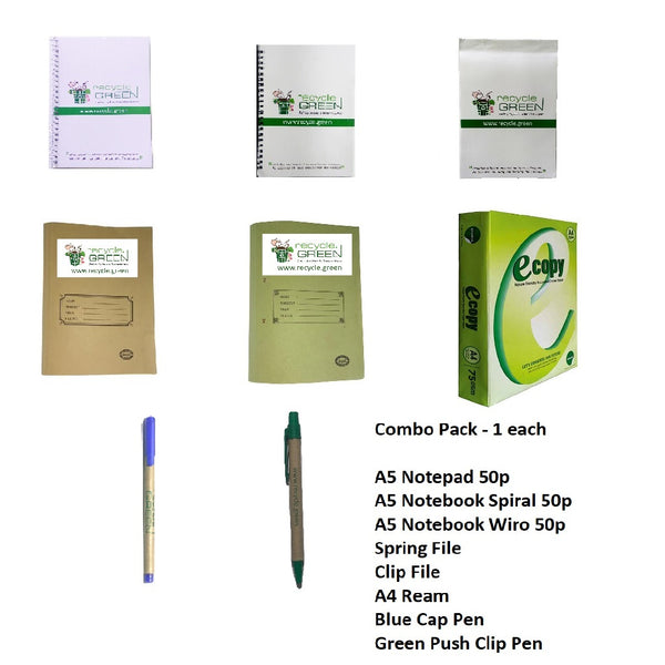 Combo 5 - Notepad 50p + Spiral 50p + Wiro 50p + Clip File + Spring File + Recycled Blue Pen + Recycled Green Pen + A4 Ream