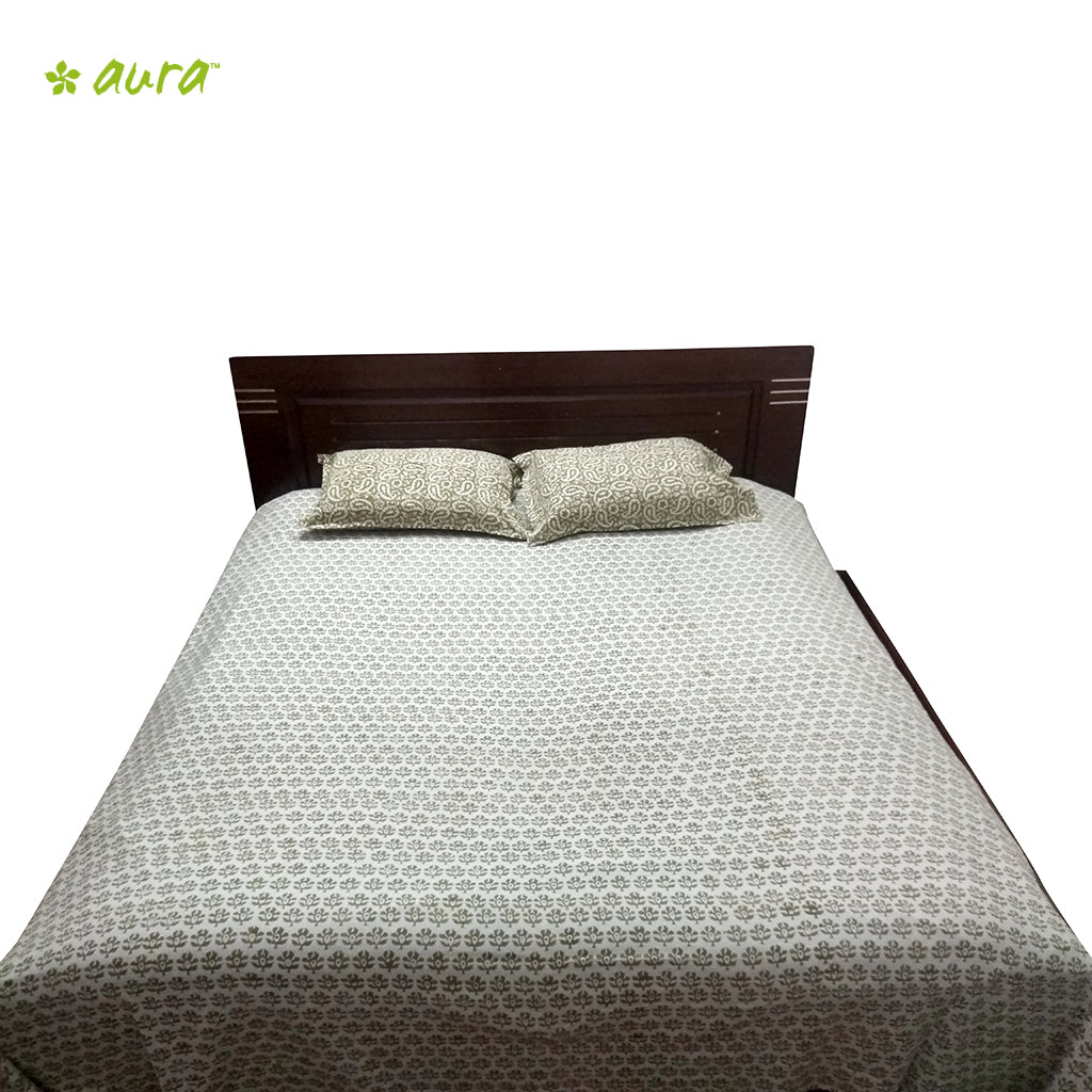 Organic Herbal Dyed Double Bed Sheet popline butta block print kasam olive