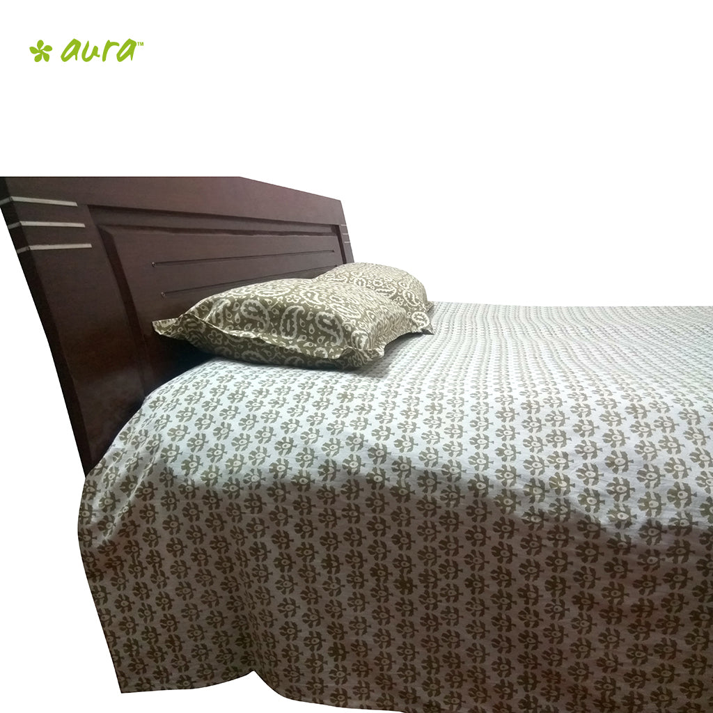 Organic Herbal Dyed Double Bed Sheet popline butta block print kasam olive
