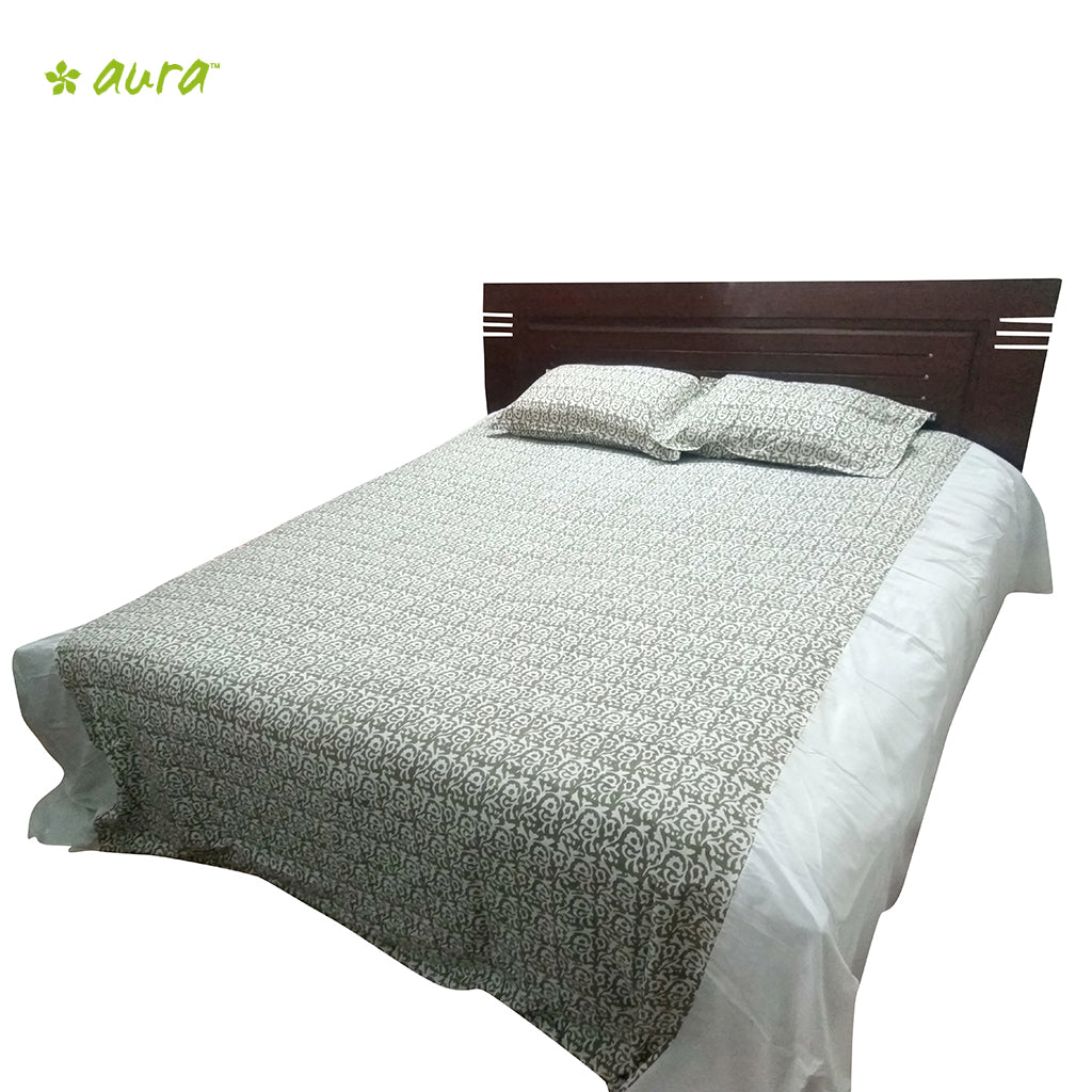 Organic Herbal Dyed Double Bed Sheet Popline Block Print (Joint) Cream / Olive