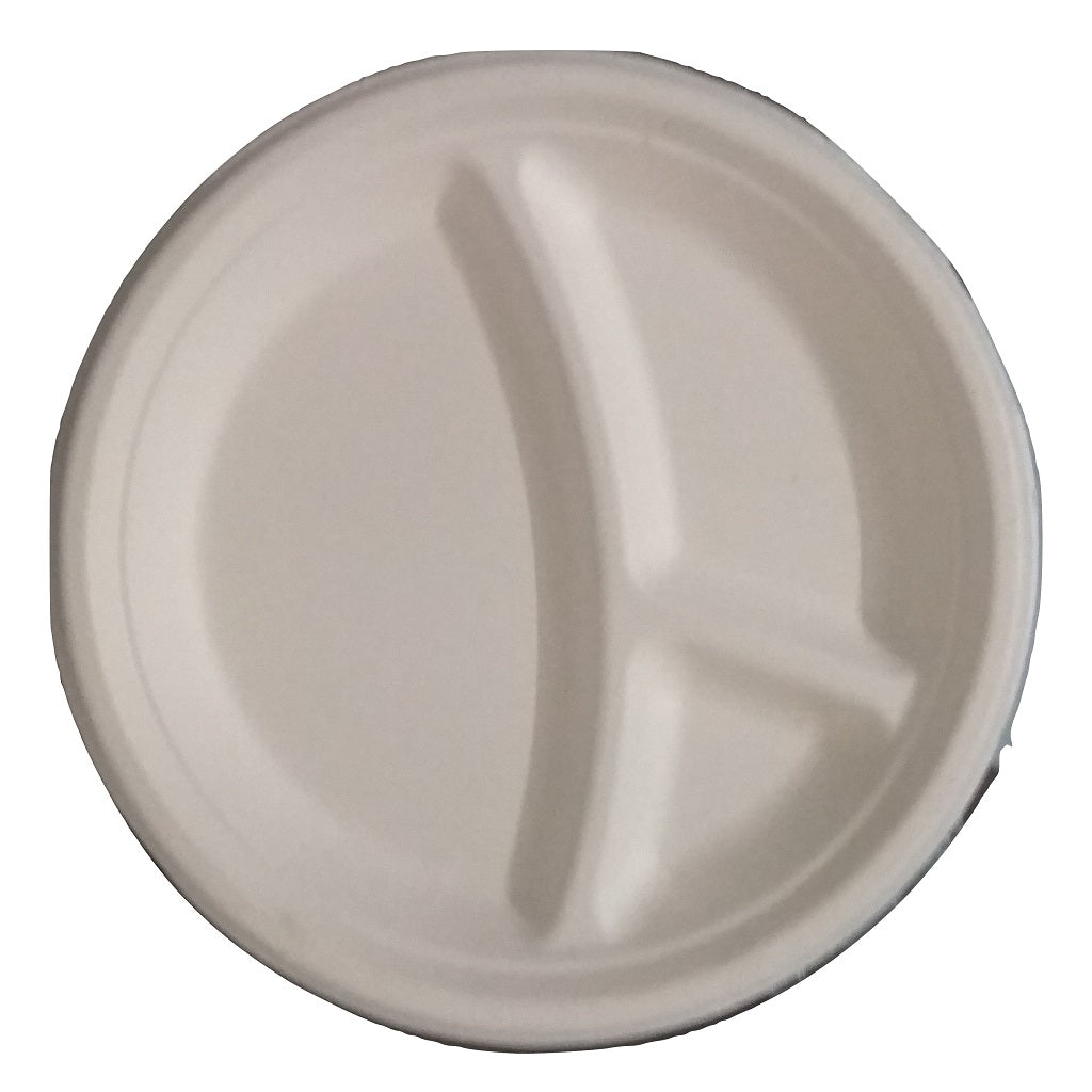 Biodegradable Compostable Sugarcane Bagasse Round Plate with 3 compartments 10 inch  (Set of 25)