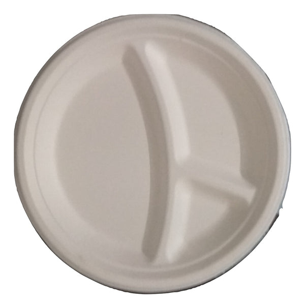 Biodegradable Compostable Sugarcane Bagasse Round Plate with 3 compartments 10 inch  (Set of 25)