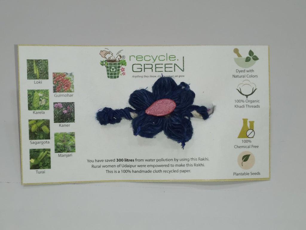 Plantable Rakhis - 100% organic cotton khadi hand spun threads natural coloured no chemical - Loki seed blue flower base, knitted blue and white belt