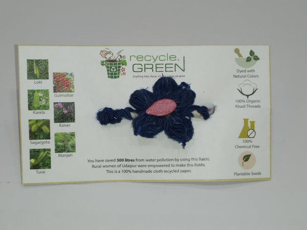 Plantable Rakhis - 100% organic cotton khadi hand spun threads natural coloured no chemical - Loki seed blue flower base, knitted blue and white belt