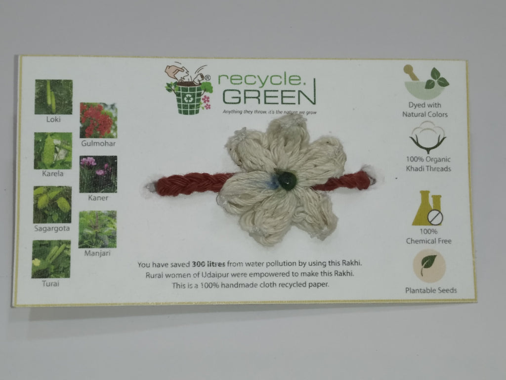 Plantable Rakhis - 100% organic cotton khadi hand spun threads natural coloured no chemical - white flower bhindi, red knitted belt