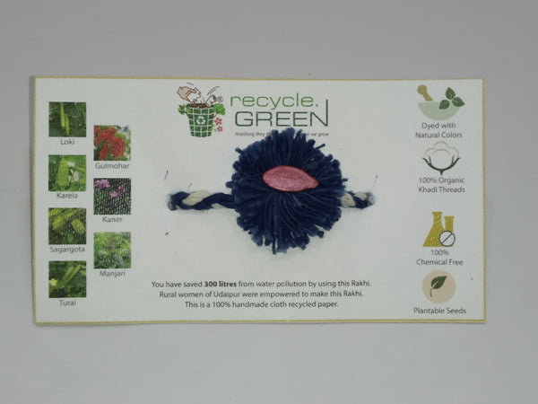 Plantable Rakhis - 100% organic cotton khadi hand spun threads natural coloured no chemical - Loki seed blue base, knitted blue and white belt