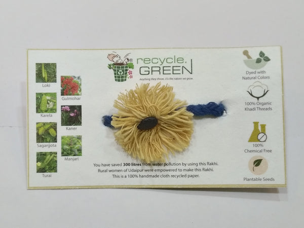 Plantable Rakhis - 100% organic cotton khadi hand spun threads natural coloured no chemical -Turai seed yellow base, knitted blue belt