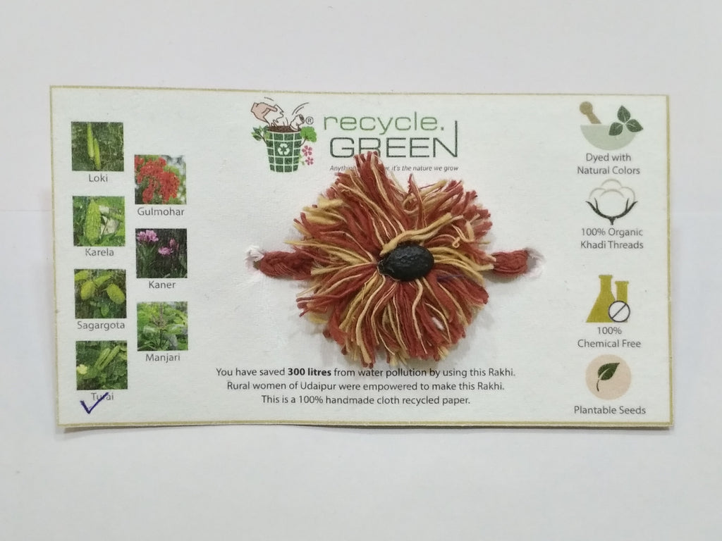 Plantable Rakhis - 100% organic cotton khadi hand spun threads natural coloured no chemical - Turai seed red & yellow knitted design with belts