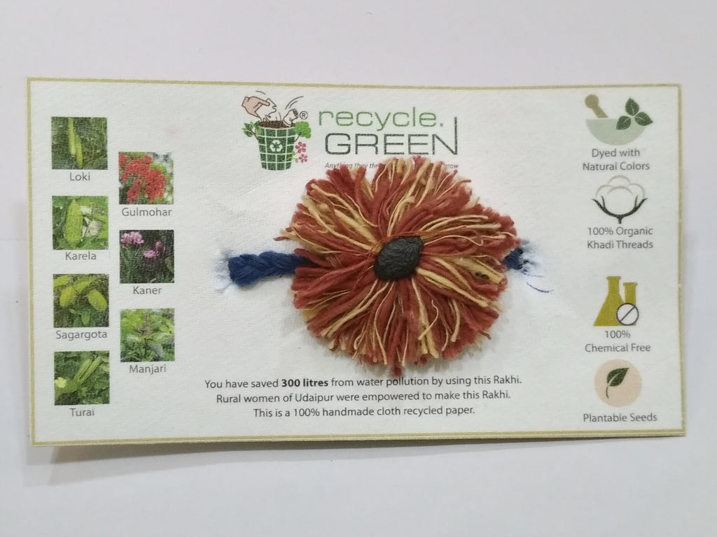 Plantable Rakhis - 100% organic cotton khadi hand spun threads natural coloured no chemical -Turai seed yellow& red base, knitted blue belt