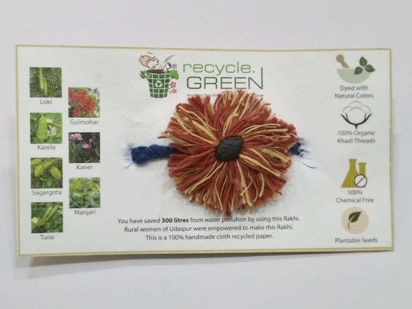 Plantable Rakhis - 100% organic cotton khadi hand spun threads natural coloured no chemical -Turai seed yellow& red base, knitted blue belt