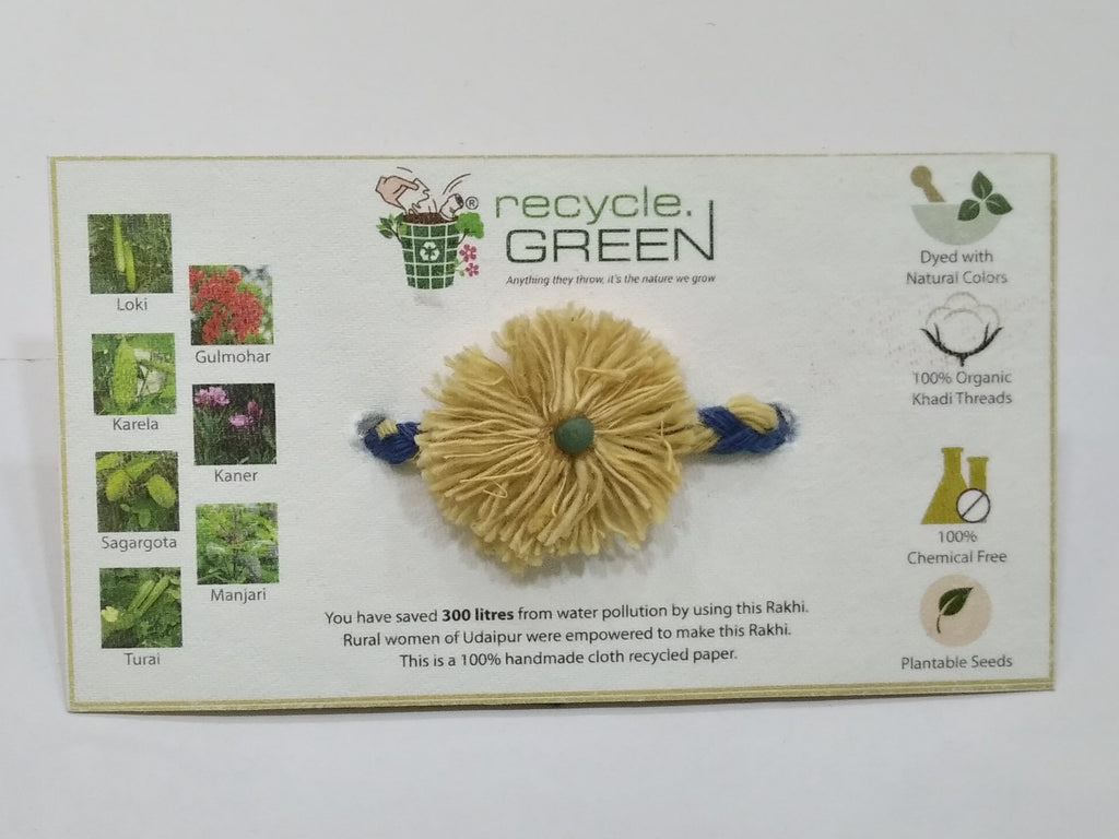 Plantable Rakhis - 100% organic cotton khadi hand spun threads natural coloured no chemical - bhindi seed yellow base knitted blue and yellow belt