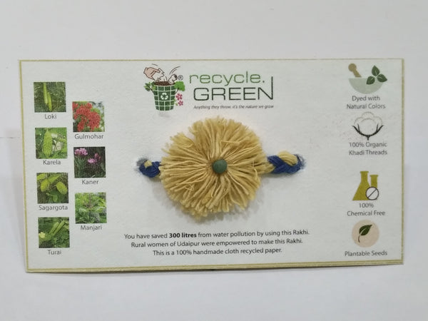 Plantable Rakhis - 100% organic cotton khadi hand spun threads natural coloured no chemical - bhindi seed yellow base knitted blue and yellow belt