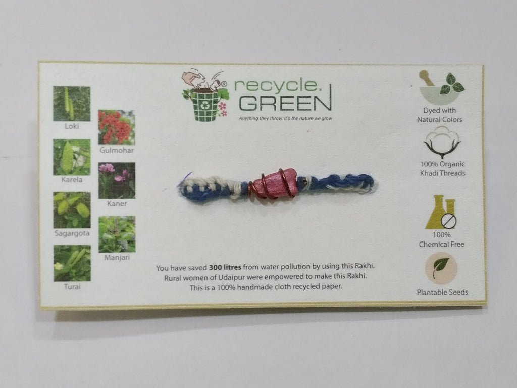Plantable Rakhis - 100% organic cotton khadi hand spun threads natural coloured no chemical -Karela seed knitted white and blue belt