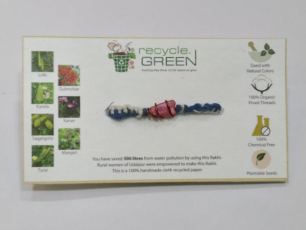 Plantable Rakhis - 100% organic cotton khadi hand spun threads natural coloured no chemical -Karela seed knitted white and blue belt