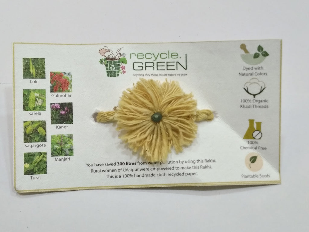 Plantable Rakhis - 100% organic cotton khadi hand spun threads natural coloured no chemical - Bhindi seed yellow base knitted yellow belt