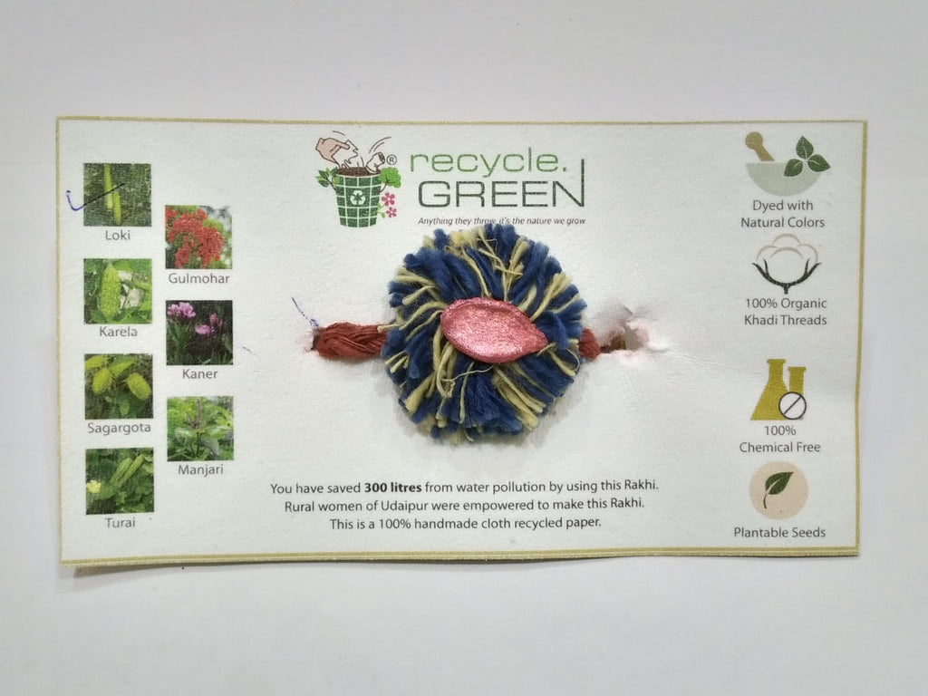 Plantable Rakhis - 100% organic cotton khadi hand spun threads natural coloured no chemical -Loki seed blue and yellow base, knitted red belt