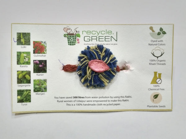 Plantable Rakhis - 100% organic cotton khadi hand spun threads natural coloured no chemical -Loki seed blue and yellow base, knitted red belt