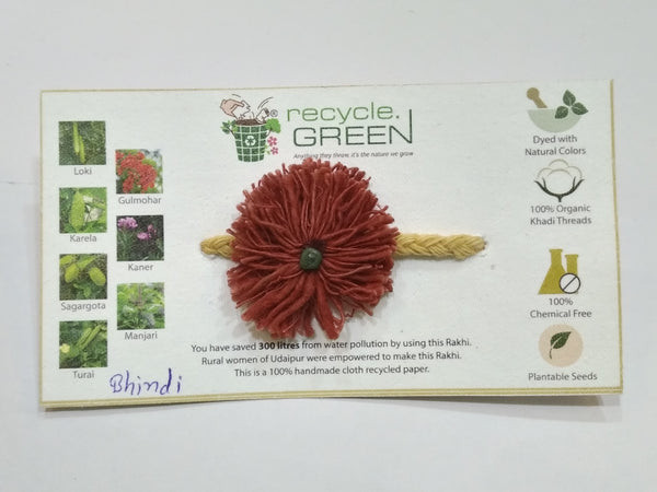 Plantable Rakhis - 100% organic cotton khadi hand spun threads natural coloured no chemical - Bhindi seed red base knitted yellow belt