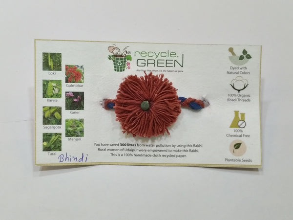 Plantable Rakhis - 100% organic cotton khadi hand spun threads natural coloured no chemical - Bhindi seed red base, knitted red and blue belt
