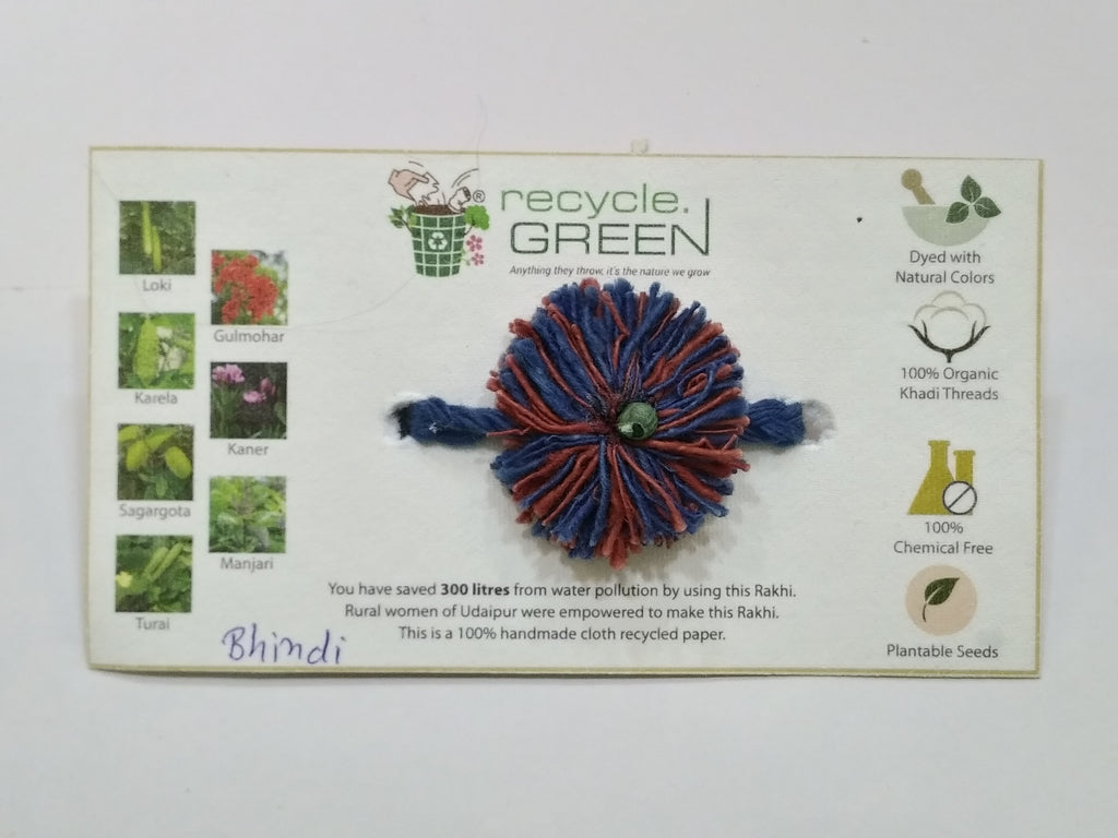 Plantable Rakhis - 100% organic cotton khadi hand spun threads natural coloured no chemical Bhindi blue and red base, blue knitted wrist band