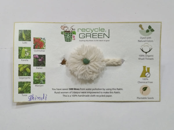 Plantable Rakhis - 100% organic cotton khadi hand spun threads natural coloured no chemical - Bhindi seed white base knitted white belt