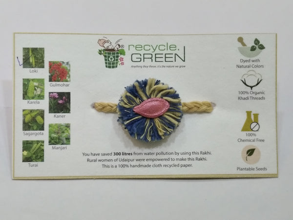 Plantable Rakhis - 100% organic cotton khadi hand spun threads natural coloured no chemical - Loki seed blue and yellow base knitted yellow belt