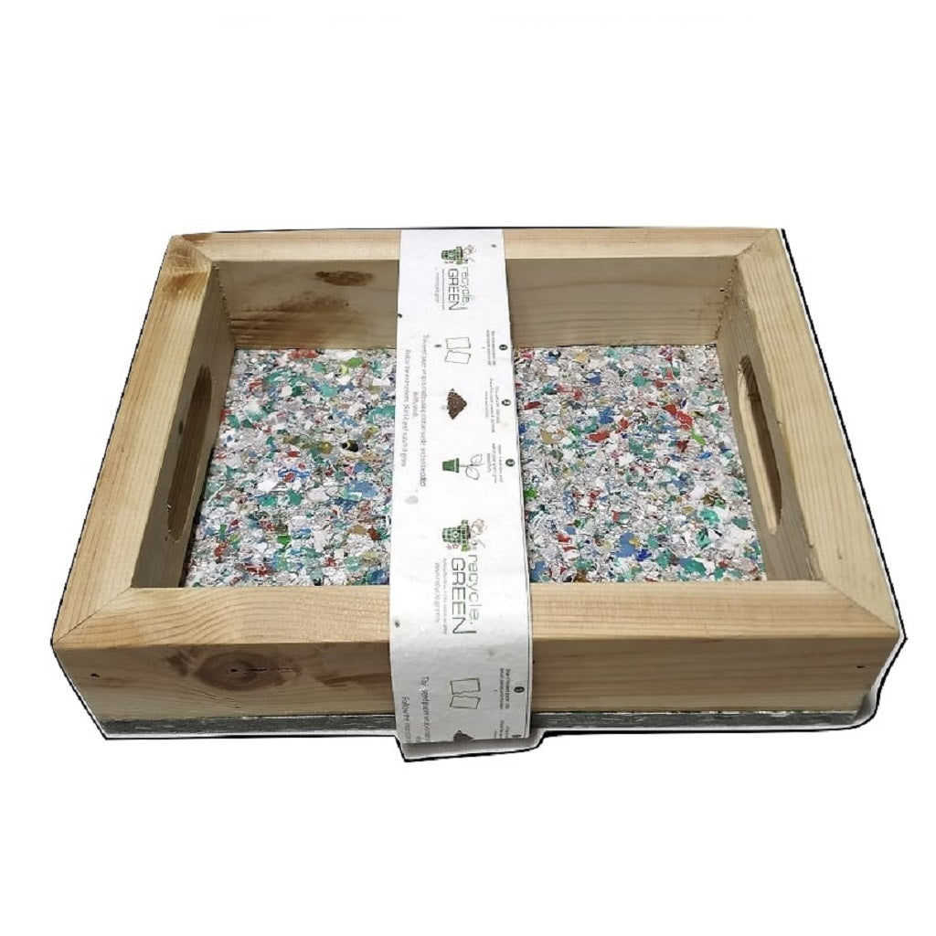 Waste Tetrapak Recycled Chipboard Serving Tray –with upcycled wooden handle - small