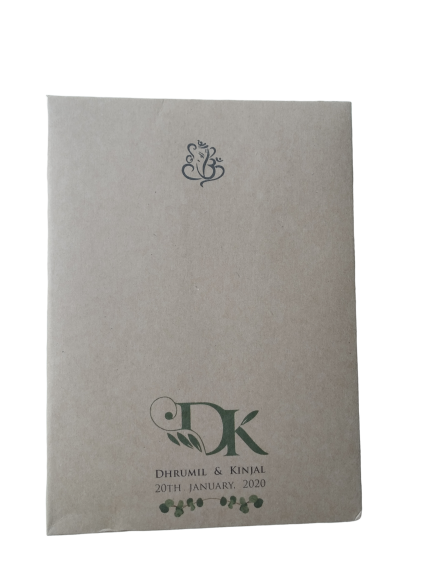 100% Recycled Unbleached Brown Paper Wedding Invite with White Laser Cut Door & Seed Bag Wrapped in Jute Thread.