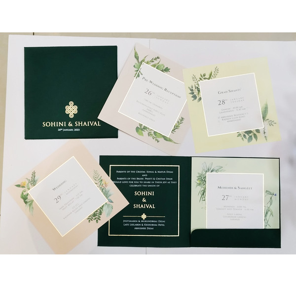 Recycled Paper Designer Wedding Invite 7 x 7 with gold foiling 3 inserts MOQ 500